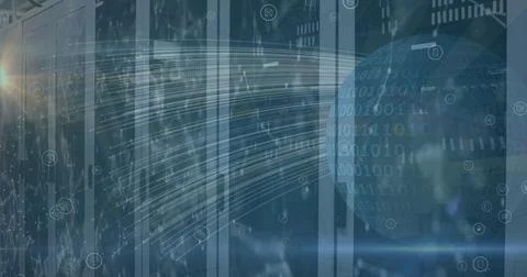 Image of globe with data processing over server room Stockfoto's