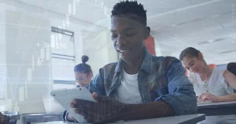 Image of globe, data processing over multiracial students using digital tablet Foto stock