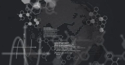 Image of globe with data processing over molecules on black background Foto stock