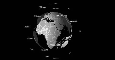 Image of globe with data processing spinning on black background Stock Photos