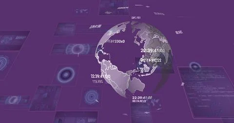 Image of globe, digital data processing over purple background Foto stock