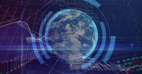 Image of globe, digital data processing over scope scanning on dark background Stock Photos