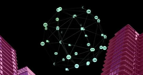 Image of globe of digital network of connections with icons over pink 3d Stock Illustration