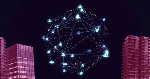 Image of globe of digital network of connections with icons over pink 3d Illustrazione stock
