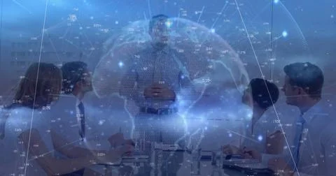 Image of globe, dots interconnected with lines over caucasian manager discussing Stock Photos