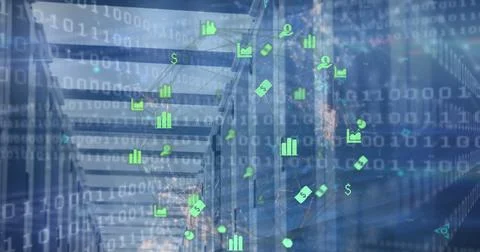 Image of globe of financial icons, network of connections and data processing Illustrazione stock