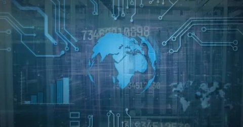 Image of globe, graph, circuit board pattern and changing numbers over data 写真素材