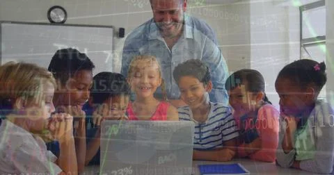 Image of globe, graph, programming code over multiracial teacher with students Foto stock