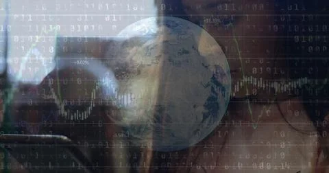 Image of globe, graphs and binary codes over asian teenage girl studying ov.. Stock Photos