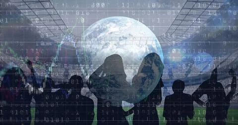Image of globe with graphs and data processing over sports fans at stadium Stock Illustration