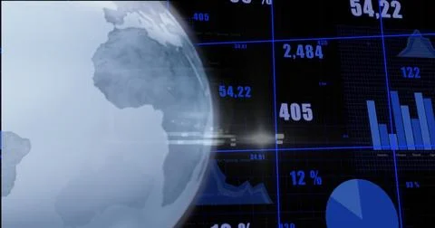 Image of globe, graphs and numbers on black background Stock Illustration