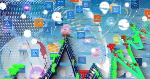 Image of globe, graphs and tech icons over blue background Stock Photos