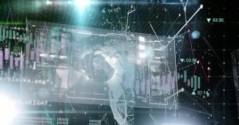 Image of globe, graphs, loading bars and database with connected dots, numb.. Stock Illustration