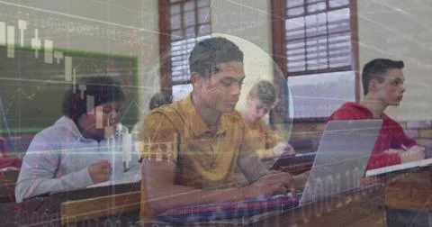 Image of globe, graphs, programming data over multiracial students using laptops Stock Photos