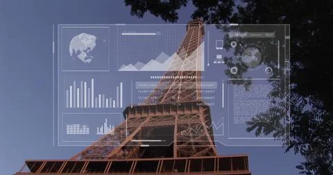 Image of globe, graphs, radar and data over low angle view of eiffel tower 库存照片