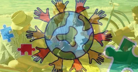 Image of globe with hands logo colorful puzzle pieces over happy playing Stock Photos