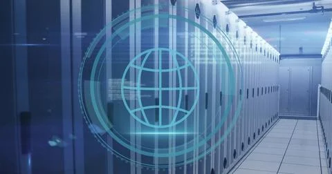 Image of globe icon and digital data processing over computer servers Stock Photos