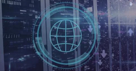 Image of globe icon and digital data processing over computer servers Stock Photos