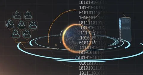 Image of globe icons and binary coding and data processing over dark background 库存照片