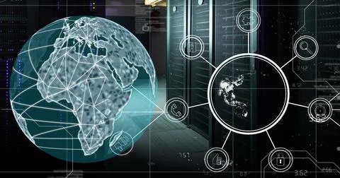 Image of globe with icons and data processing over computer servers Stock Photos