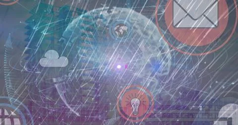 Image of globe, icons and data processing over cityscape Fotos de archivo