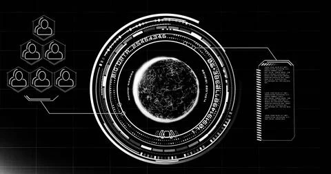 Image of globe with icons and data processing over black background Stock Photos