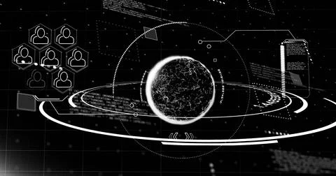 Image of globe with icons and data processing over black background 库存照片