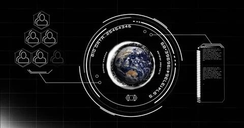 Image of globe with icons and data processing over black background Foto stock