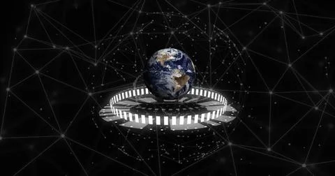 Image of globe with icons and data processing over black background 스톡 사진