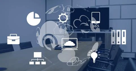 Image of globe with icons and data processing over desk in office 스톡 사진