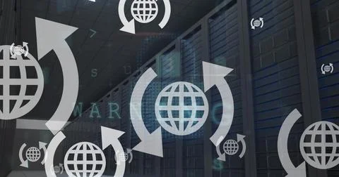 Image of globe icons and data processing over computer servers Foto stock