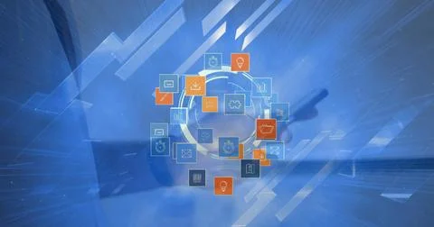 Image of globe, icons and data processing on blue background Stock Photos