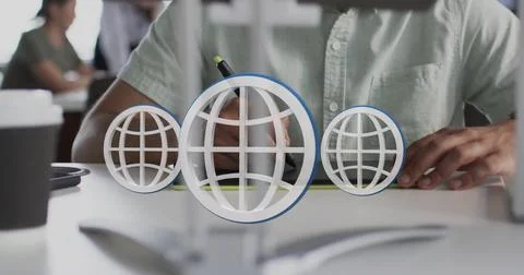 Image of globe icons, binary coding data processing over biracial businessman in Stock Illustration