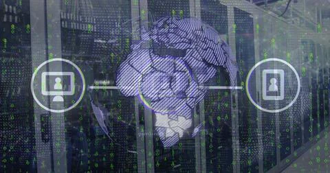 Image of globe, icons, binary coding and data processing over computer servers 스톡 사진