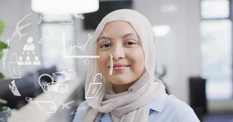 Image of globe with icons data processing over biracial businesswoman in office Stock Photos
