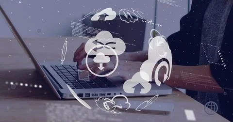 Image of globe with icons data processing over biracial man using laptop Foto stock