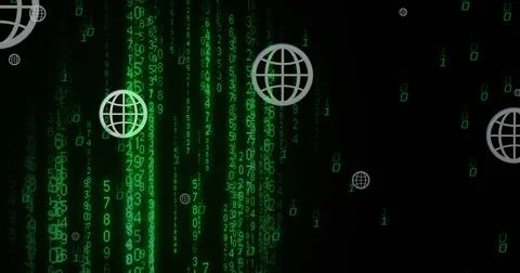 Image of globe icons over falling changing numbers and binary codes over black Stock Photos