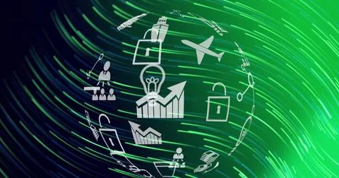 Image of globe with icons over green waves moving on black and green background Stock Photos