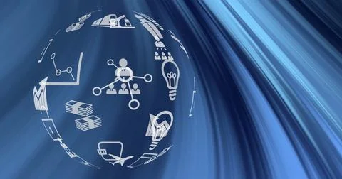 Image of globe with icons over pattern background Stock Photos