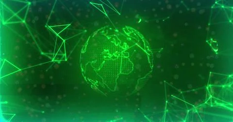 Image of globe with light spots and network of connections on black background Stock Illustration