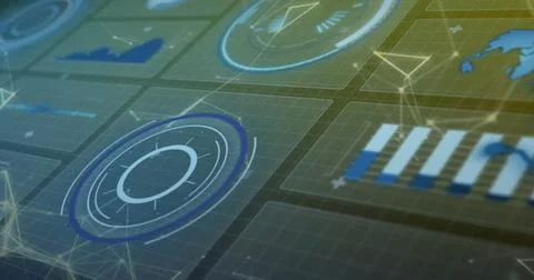 Image of globe, loading circles, graphs and connected dots over abstract Stock Illustration