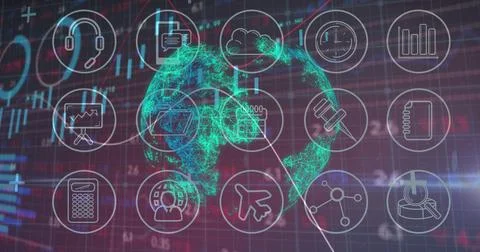 Image of a globe made of connections spinning with graphs rolling over Stock Illustration