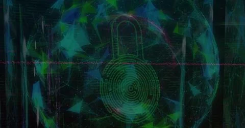 Image of globe made of shapes over digital padlock with fingerprint 스톡 사진