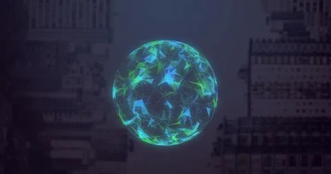 Image of globe made of shapes rotating over computer hardware Stock Photos