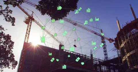 Image of a globe made of web of connections spinning over a cityscape Stock Photos