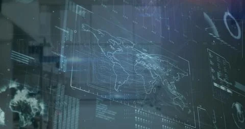 Image of globe, map, loading bars, graphs and computer language over glass .. Stock Photos