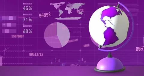 Image of globe moving and data processing, world map on pink background 스톡 사진
