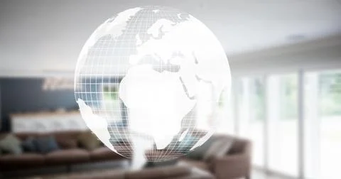 Image of globe moving over empty house interior Ilustração Stock