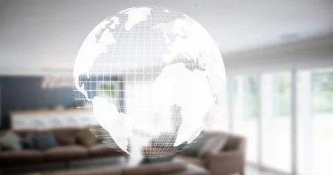 Image of globe moving over empty house interior Ilustração Stock