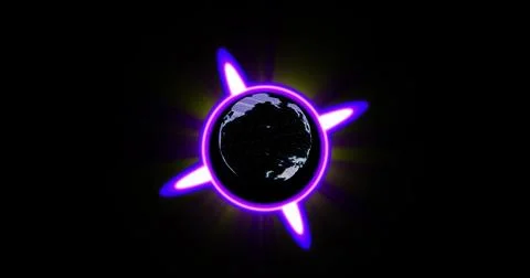 Image of globe in neon circle on black background Stock Photos